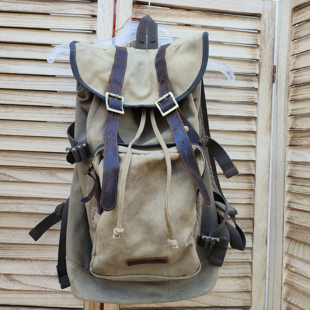 Olive Green Canvas Leather Trim Rucksack Backpack Utility Gorpcore Hiking Bag